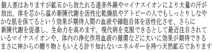 個人差はありますが鉱石から放たれる遠赤外線やマイナスイオンにより大量の汗が放出、体を芯から温め新陳代謝を活性化乾燥肌やアトビーの人でもしっとりしなやかな肌を保てるという効果が期待人間の血液や細胞自体を活性化させ、さらに新陳代謝を促進し、生命力を高めます。現代病を克服できるとして最近注目されてまさに神からの贈り物ともいえる計り知れないエネルギーを持つ天然鉱石であります